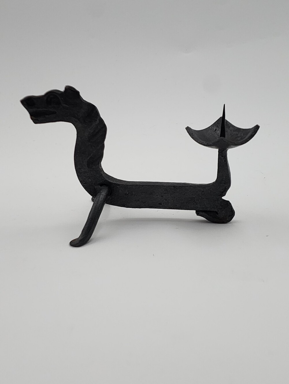 Vintage Hand-Forged Gothic Brutalist Black Cast Iron Dragon Shaped Candle Holder